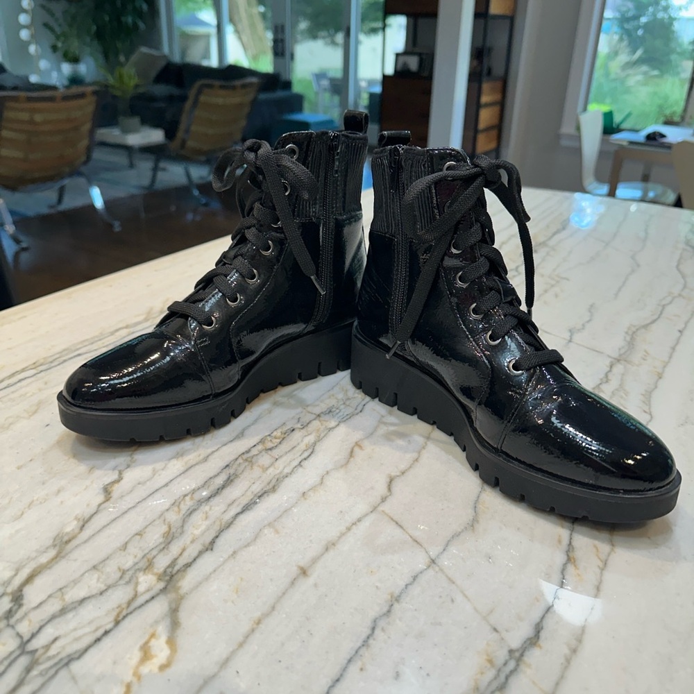 Anne Klein Black Patent Lace Up Boots